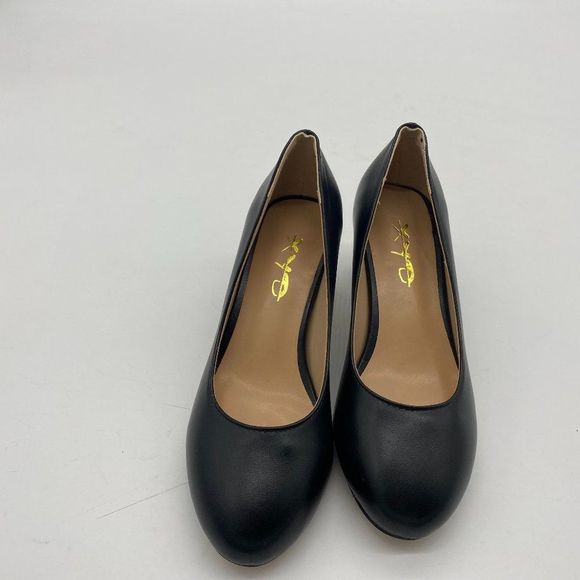 XYD black round toe chunky heels pumps shoes slip on shoes